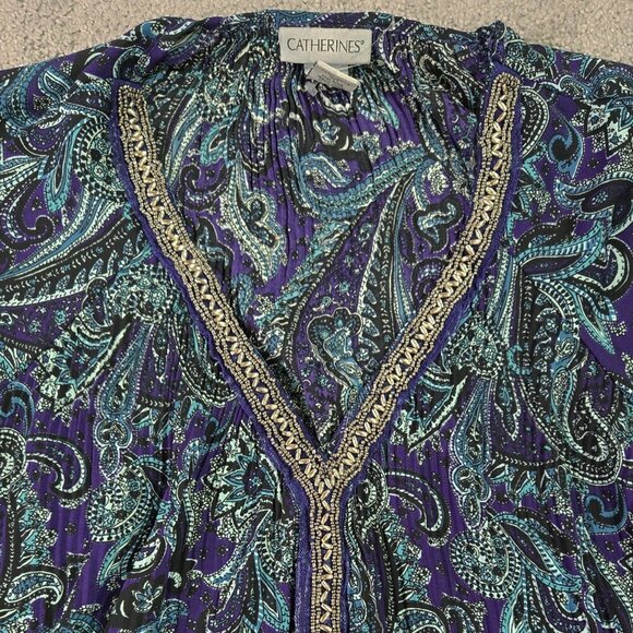 Catherines Purple Paisley Beaded Embellished Collar Flare Sleeve Blouse Boho - Picture 4 of 8